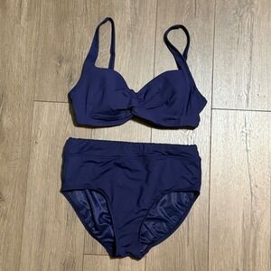Lands End Navy Blue Twist Front Underwire Bikini Set High Waist Bottoms Size 8